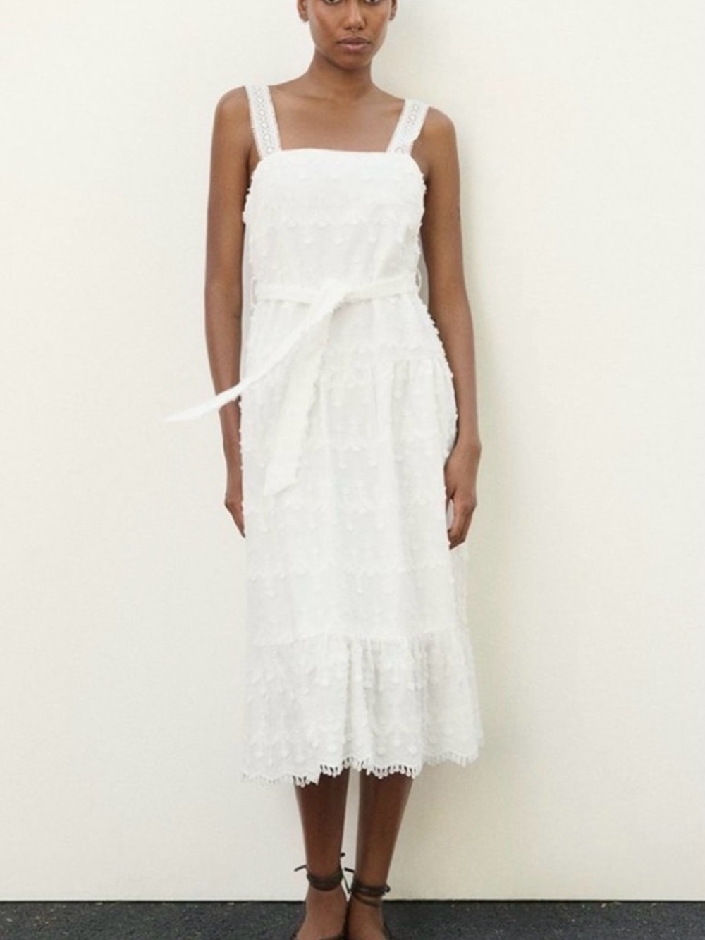 ZARA White Textured Midi Dress with Tie Waist